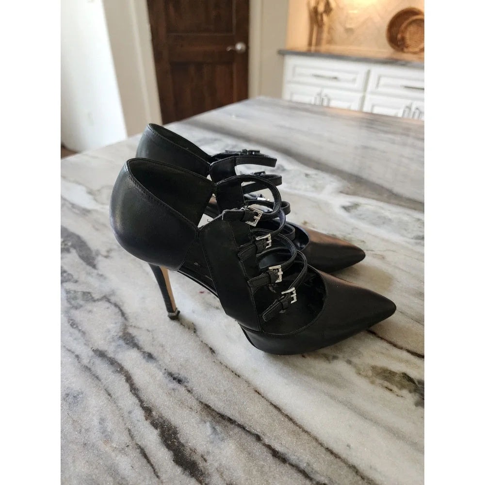 Michael‎ Kors Black Leather Cage Buckle Strappy Pointed Toe Pumps Heels Size 8M